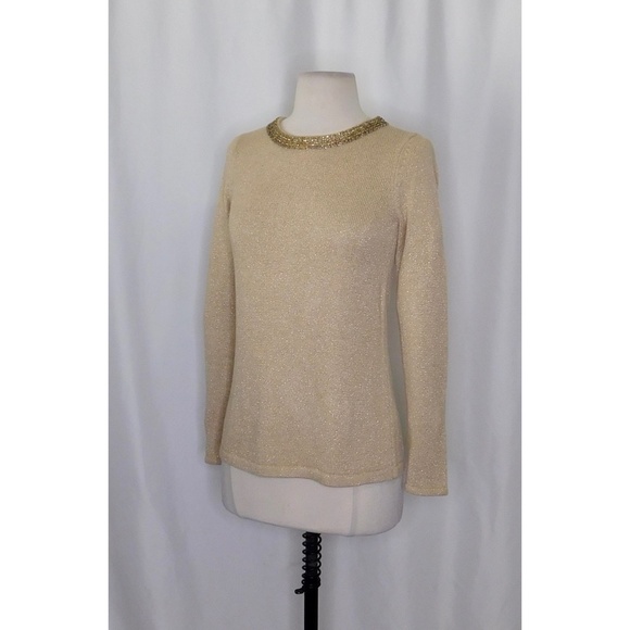 J. MCLAUGHLIN Metallic Gold Beaded Neckline Pullover Sweater Beading X-Small - Picture 5 of 11